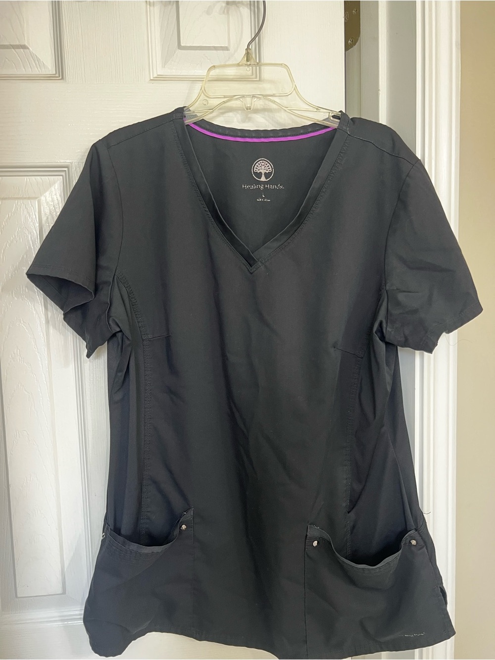 healing hands Black V-Neck Work Scrub Top with Pink Trim